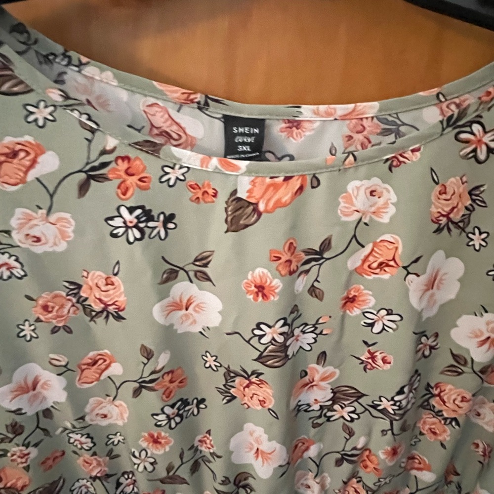 SHEIN Green Floral Dress with Pink and White Accents